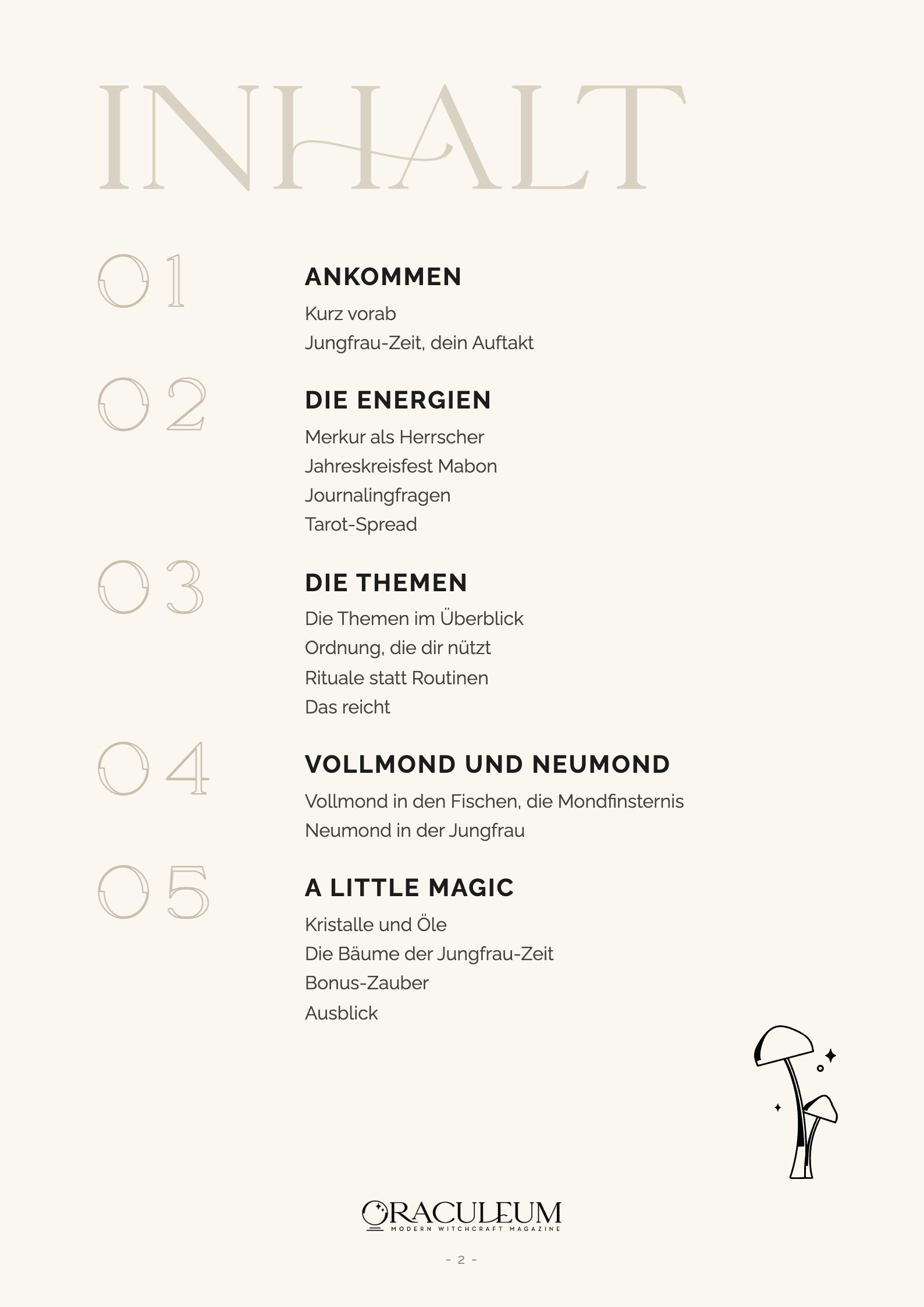 Jungfrau-Workbook, Inhaltsverzeichnis