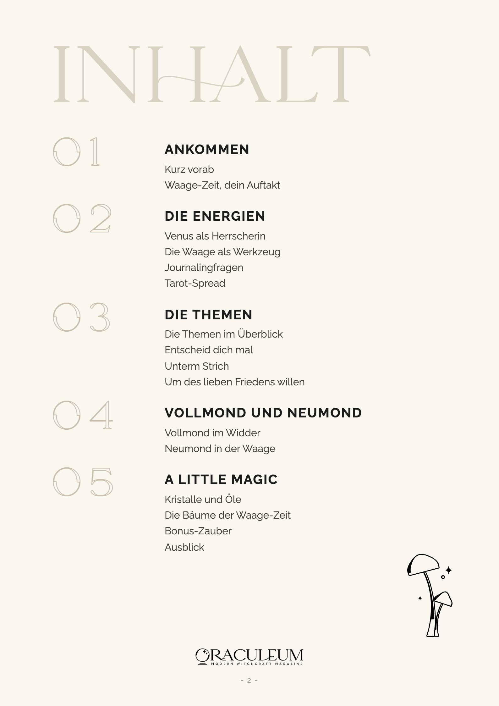 Waage-Workbook, Inhaltsverzeichnis
